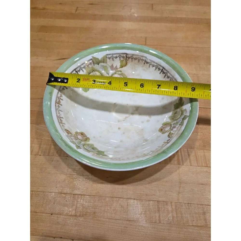 Antique Dresden China Green Border Floral Cabbage Rose Bowl 9 Inch